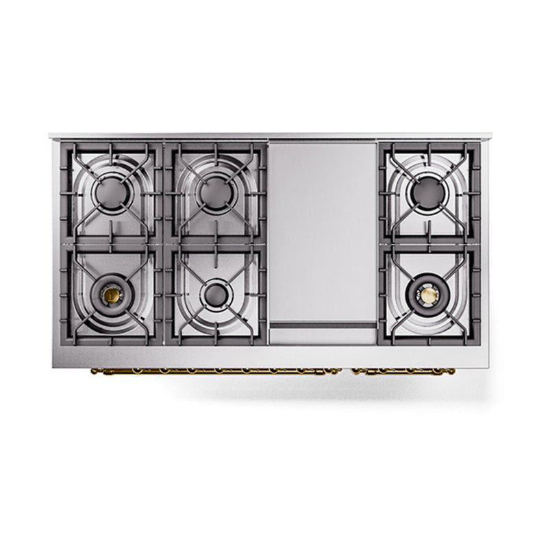 ILVE Nostalgie II Noblesse 48-Inch Dual Fuel Freestanding Range with Solid Door Oven in Antique White with Brass Trim (UN48FQNMPAWG)