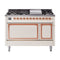 ILVE Nostalgie II Noblesse 48-Inch Freestanding Natural Gas Dual Fuel Range with Solid Door Oven in Antique White with Copper Trim (UN48FQNMPAWP)