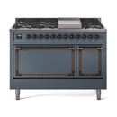 ILVE Nostalgie II Noblesse 48-Inch Dual Fuel Freestanding Range with Solid Door Oven in Blue Grey with Bronze Trim (UN48FQNMPBGBLP)