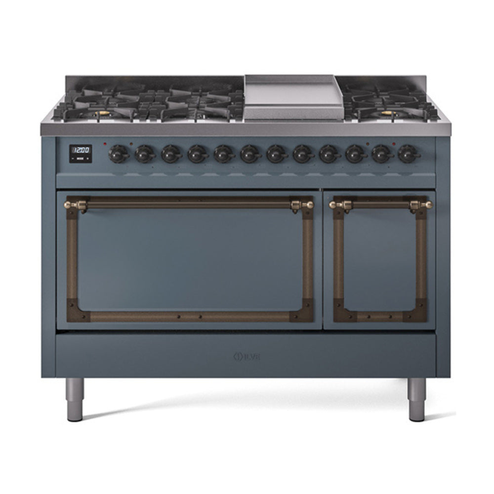 Blue-grey freestanding dual-fuel gas range with bronze-trim oven doors and burner knobs