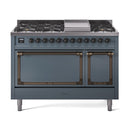 ILVE Nostalgie II Noblesse 48-Inch Freestanding Natural Gas Dual Fuel Range with Solid Door Oven in Blue Grey with Bronze Trim (UN48FQNMPBGB)