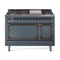 ILVE Nostalgie II Noblesse 48-Inch Freestanding Natural Gas Dual Fuel Range with Solid Door Oven in Blue Grey with Bronze Trim (UN48FQNMPBGB)