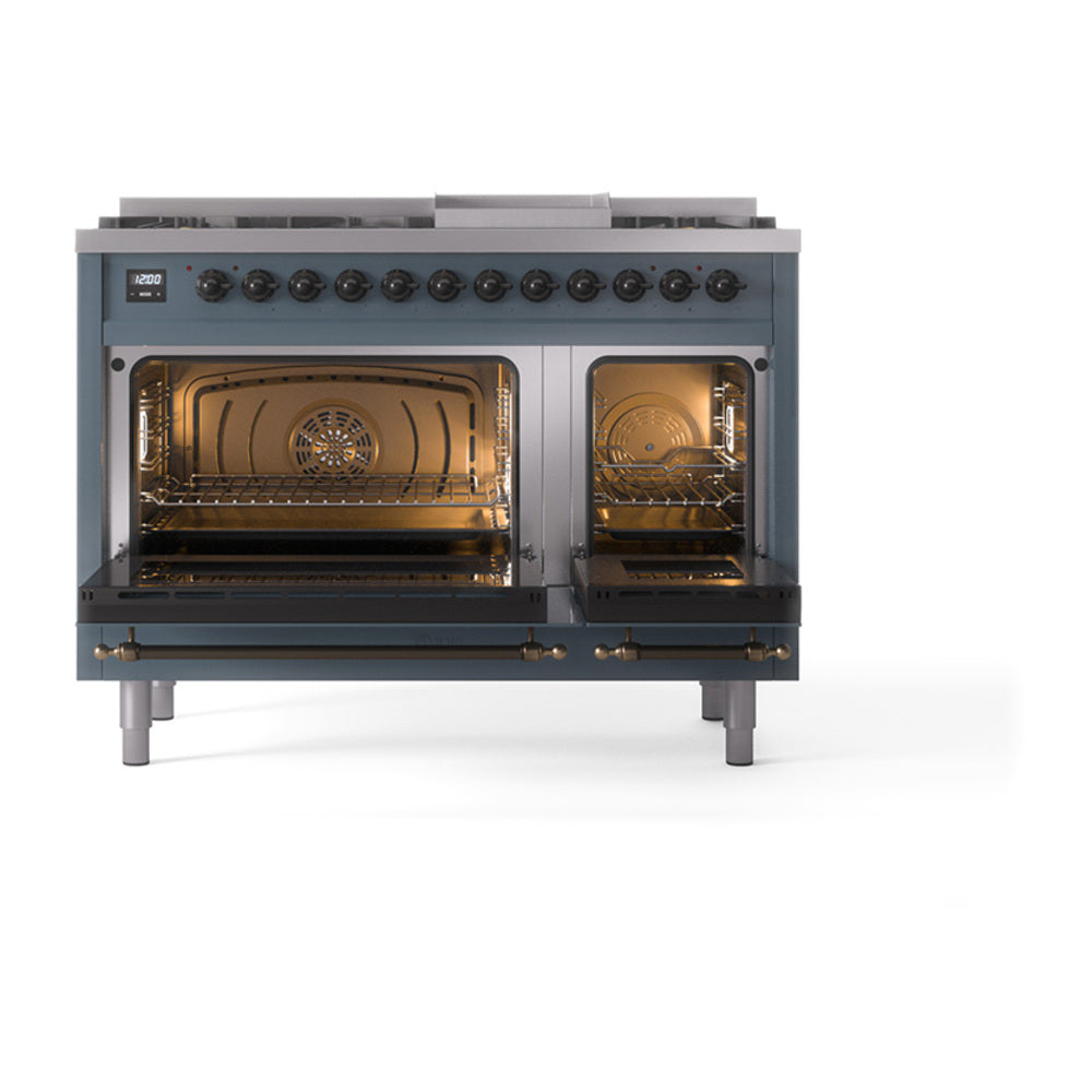Blue-grey freestanding dual-fuel gas range with open dual ovens and interior racks