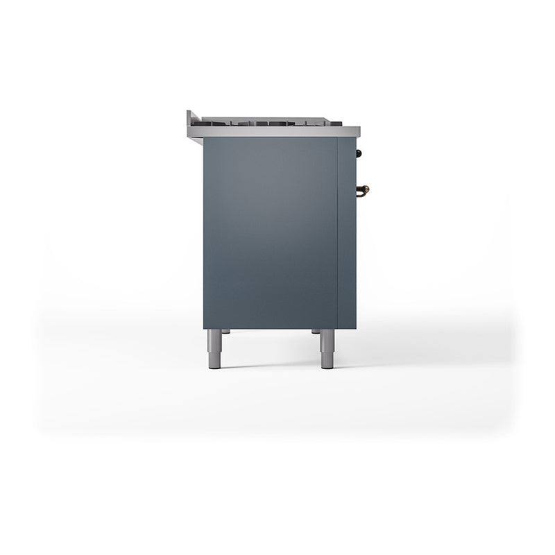 ILVE Nostalgie II Noblesse 48-Inch Dual Fuel Freestanding Range with Solid Door Oven in Blue Grey with Bronze Trim (UN48FQNMPBGB)