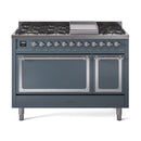ILVE Nostalgie II Noblesse 48-Inch Dual Fuel Freestanding Range with Solid Door Oven in Blue Grey with Chrome Trim (UN48FQNMPBGCLP)
