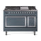 ILVE Nostalgie II Noblesse 48-Inch Dual Fuel Freestanding Range with Solid Door Oven in Blue Grey with Chrome Trim (UN48FQNMPBGC)