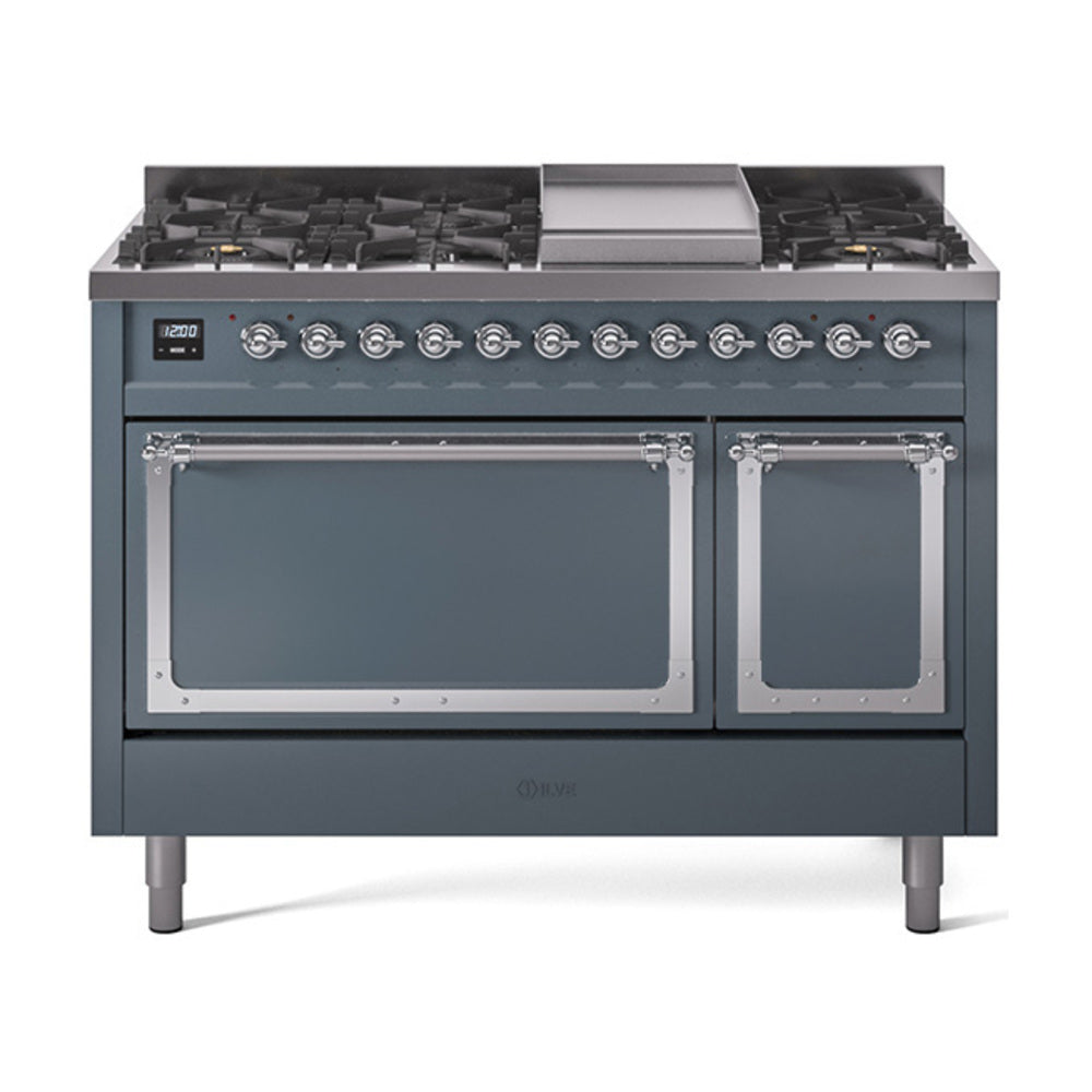 Blue-grey freestanding gas range with chrome trim, knobs, grates, and double oven doors