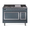 ILVE Nostalgie II Noblesse 48-Inch Freestanding Natural Gas Dual Fuel Range with Solid Door Oven in Blue Grey with Chrome Trim (UN48FQNMPBGC)