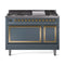 ILVE Nostalgie II Noblesse 48-Inch Freestanding Natural Gas Dual Fuel Range with Solid Door Oven in Blue Grey with Brass Trim (UN48FQNMPBGG)