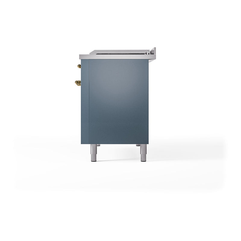 ILVE Nostalgie II Noblesse 48-Inch Dual Fuel Freestanding Range with Solid Door Oven in Blue Grey with Brass Trim (UN48FQNMPBGG)