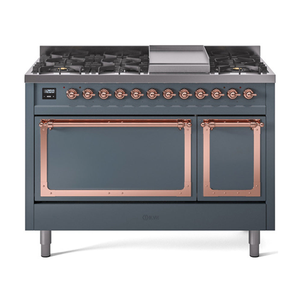 Blue-grey freestanding dual fuel range with copper-trim oven doors closed