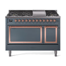 ILVE Nostalgie II Noblesse 48-Inch Freestanding Natural Gas Dual Fuel Range with Solid Door Oven in Blue Grey with Copper Trim (UN48FQNMPBGP)