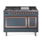 ILVE Nostalgie II Noblesse 48-Inch Freestanding Natural Gas Dual Fuel Range with Solid Door Oven in Blue Grey with Copper Trim (UN48FQNMPBGP)