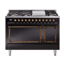 ILVE Nostalgie II Noblesse 48-Inch Dual Fuel Freestanding Range with Solid Door Oven in Glossy Black with Bronze Trim (UN48FQNMPBKBLP)