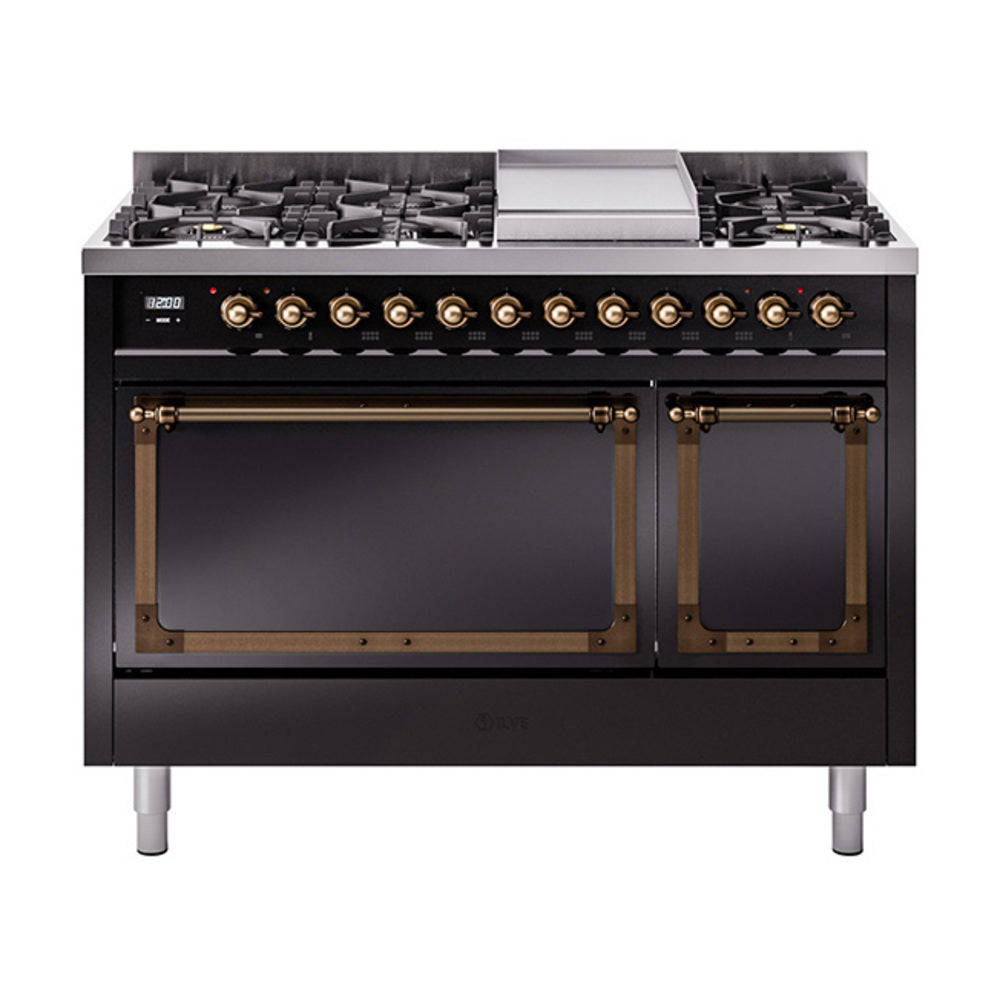 48-inch freestanding dual fuel range, glossy black with bronze control knobs and burners
