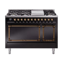 ILVE Nostalgie II Noblesse 48-Inch Freestanding Natural Gas Dual Fuel Range with Solid Door Oven in Glossy Black with Bronze Trim (UN48FQNMPBKB)