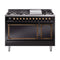 ILVE Nostalgie II Noblesse 48-Inch Freestanding Natural Gas Dual Fuel Range with Solid Door Oven in Glossy Black with Bronze Trim (UN48FQNMPBKB)