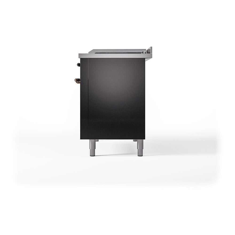 Freestanding range cabinet side in glossy black with bronze-trim fittings and legs.