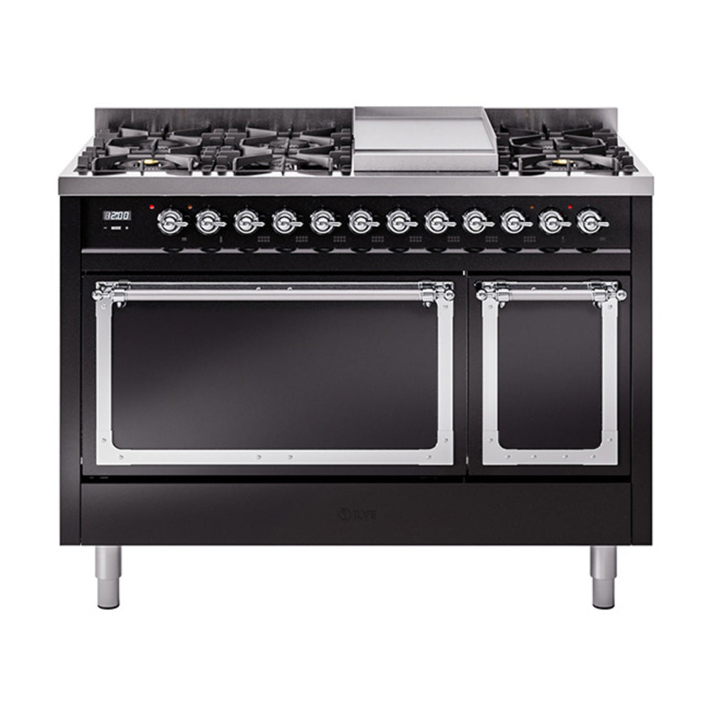 Glossy black freestanding gas range with dual ovens, chrome trim, and front control knobs
