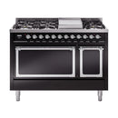 ILVE Nostalgie II Noblesse 48-Inch Freestanding Natural Gas Dual Fuel Range with Solid Door Oven in Glossy Black with Chrome Trim (UN48FQNMPBKC)