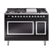 ILVE Nostalgie II Noblesse 48-Inch Freestanding Natural Gas Dual Fuel Range with Solid Door Oven in Glossy Black with Chrome Trim (UN48FQNMPBKC)