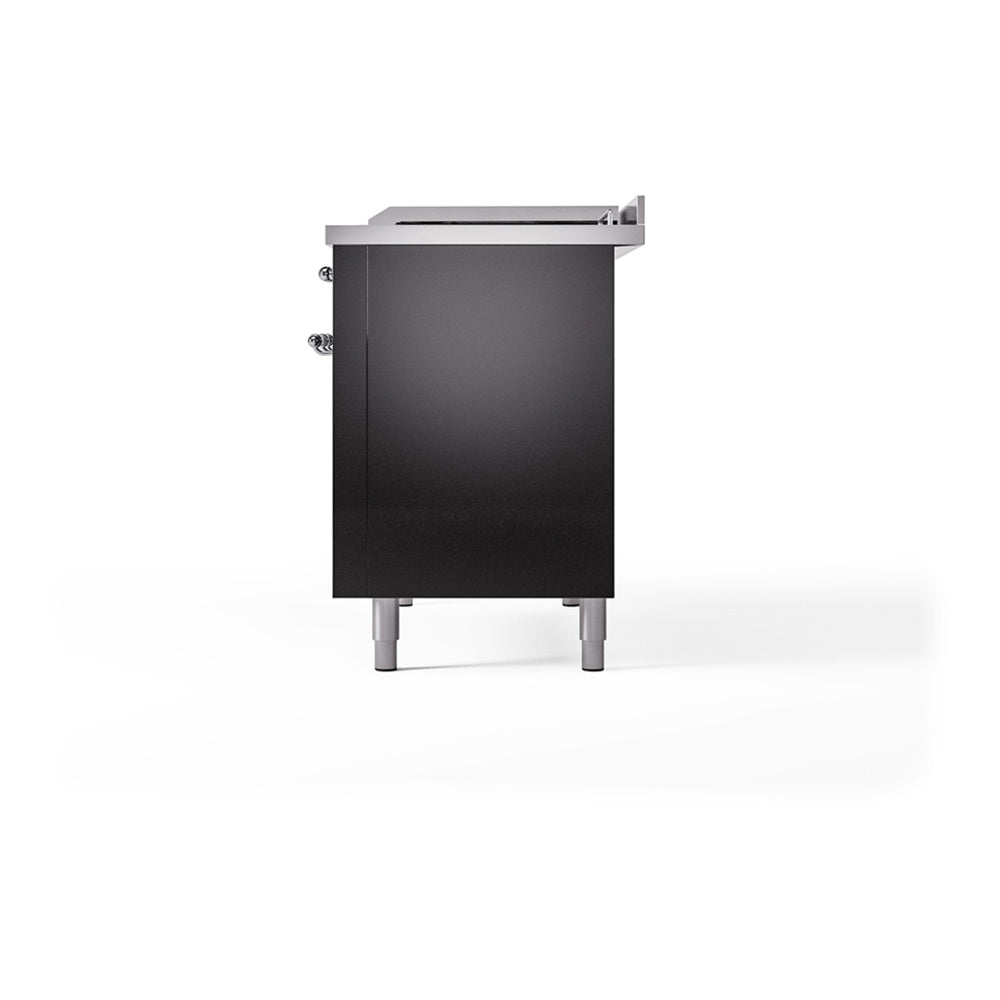 Glossy black freestanding range with solid oven door and chrome trim