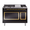 ILVE Nostalgie II Noblesse 48-Inch Freestanding Natural Gas Dual Fuel Range with Solid Door Oven in Glossy Black with Brass Trim (UN48FQNMPBKG)