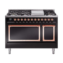ILVE Nostalgie II Noblesse 48-Inch Dual Fuel Freestanding Range with Solid Door Oven in Glossy Black with Copper Trim (UN48FQNMPBKPLP)