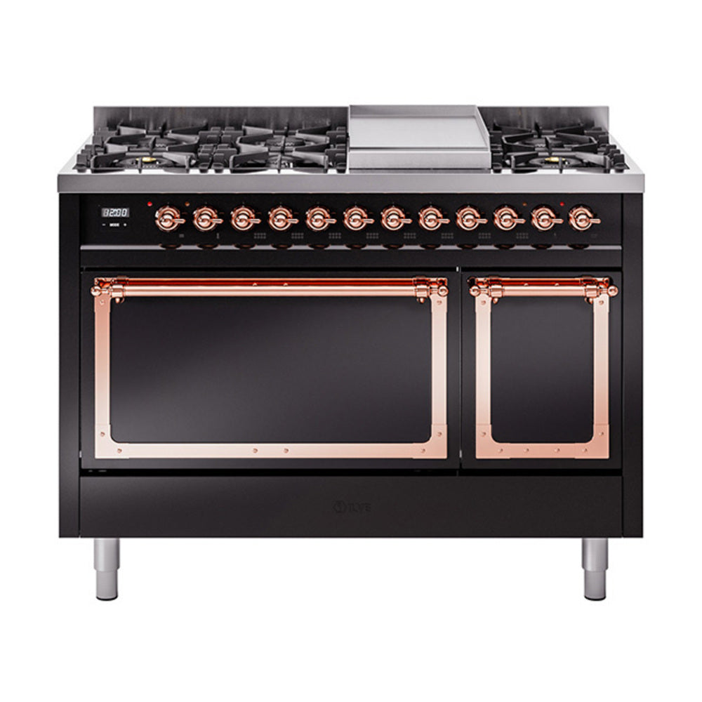 Glossy black freestanding dual fuel range with copper-trim burners and control panel