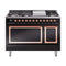 ILVE Nostalgie II Noblesse 48-Inch Freestanding Natural Gas Dual Fuel Range with Solid Door Oven in Glossy Black with Copper Trim (UN48FQNMPBKP)