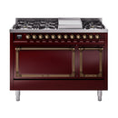 ILVE Nostalgie II Noblesse 48-Inch Dual Fuel Freestanding Range with Solid Door Oven in Burgundy with Bronze Trim (UN48FQNMPBUBLP)