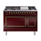 ILVE Nostalgie II Noblesse 48-Inch Freestanding Natural Gas Dual Fuel Range with Solid Door Oven in Burgundy with Bronze Trim (UN48FQNMPBUB)