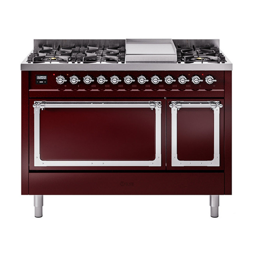 Burgundy freestanding gas dual-fuel range with chrome trim and solid oven door