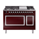 ILVE Nostalgie II Noblesse 48-Inch Freestanding Natural Gas Dual Fuel Range with Solid Door Oven in Burgundy with Chrome Trim (UN48FQNMPBUC)