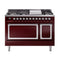 ILVE Nostalgie II Noblesse 48-Inch Dual Fuel Freestanding Range with Solid Door Oven in Burgundy with Chrome Trim (UN48FQNMPBUC)