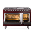 ILVE Nostalgie II Noblesse 48-Inch Freestanding Natural Gas Dual Fuel Range with Solid Door Oven in Burgundy with Chrome Trim (UN48FQNMPBUC)