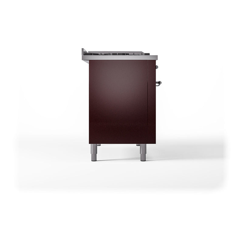 ILVE Nostalgie II Noblesse 48-Inch Dual Fuel Freestanding Range with Solid Door Oven in Burgundy with Chrome Trim (UN48FQNMPBUC)