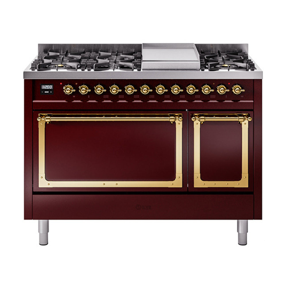 Burgundy freestanding gas dual-fuel range with brass-trim control panel and knobs