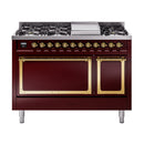 ILVE Nostalgie II Noblesse 48-Inch Freestanding Natural Gas Dual Fuel Range with Solid Door Oven in Burgundy with Brass Trim (UN48FQNMPBUG)