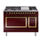 ILVE Nostalgie II Noblesse 48-Inch Freestanding Natural Gas Dual Fuel Range with Solid Door Oven in Burgundy with Brass Trim (UN48FQNMPBUG)