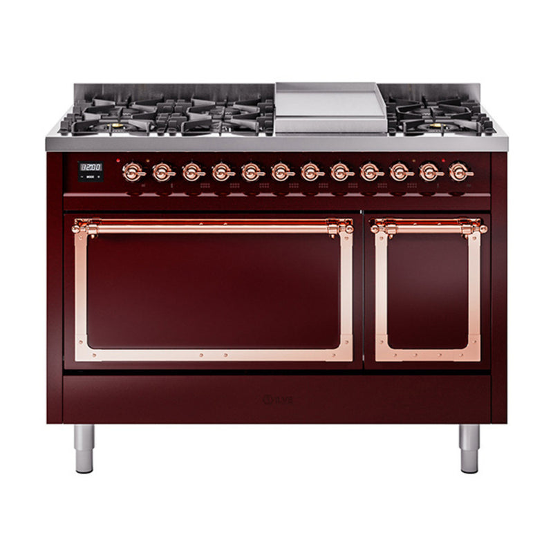 ILVE Nostalgie II Noblesse 48-Inch Dual Fuel Freestanding Range with Solid Door Oven in Burgundy with Copper Trim (UN48FQNMPBUP)