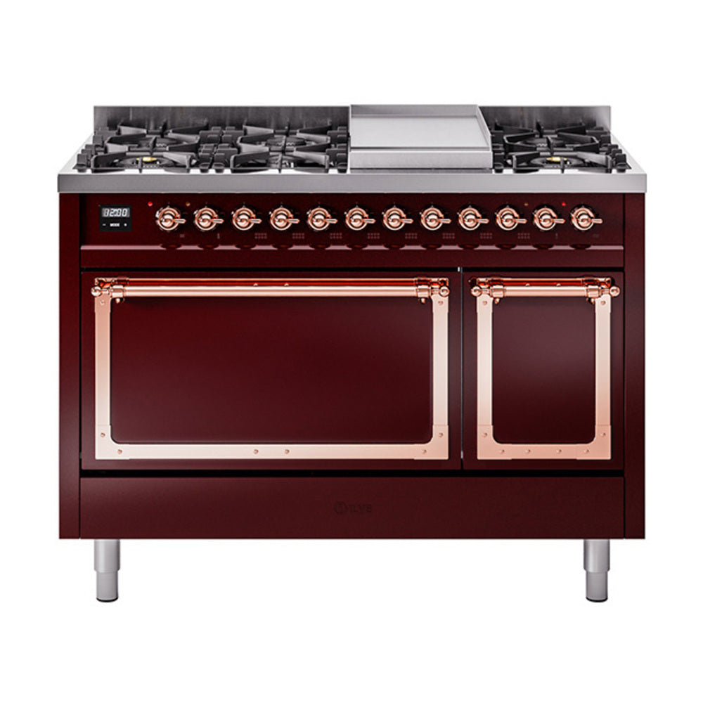 Burgundy freestanding dual-fuel range with copper-trimmed doors and control panel