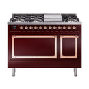 ILVE Nostalgie II Noblesse 48-Inch Freestanding Natural Gas Dual Fuel Range with Solid Door Oven in Burgundy with Copper Trim (UN48FQNMPBUP)