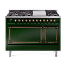 ILVE Nostalgie II Noblesse 48-Inch Dual Fuel Freestanding Range with Solid Door Oven in Emerald Green with Bronze Trim (UN48FQNMPEGBLP)