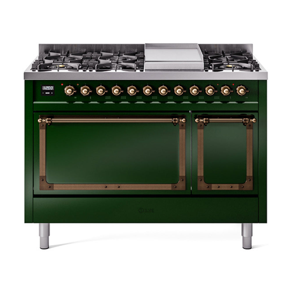 Emerald green freestanding gas dual-fuel range with bronze control knobs and burner grates