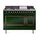 ILVE Nostalgie II Noblesse 48-Inch Freestanding Natural Gas Dual Fuel Range with Solid Door Oven in Emerald Green with Bronze Trim (UN48FQNMPEGB)