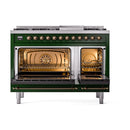 ILVE Nostalgie II Noblesse 48-Inch Freestanding Natural Gas Dual Fuel Range with Solid Door Oven in Emerald Green with Bronze Trim (UN48FQNMPEGB)