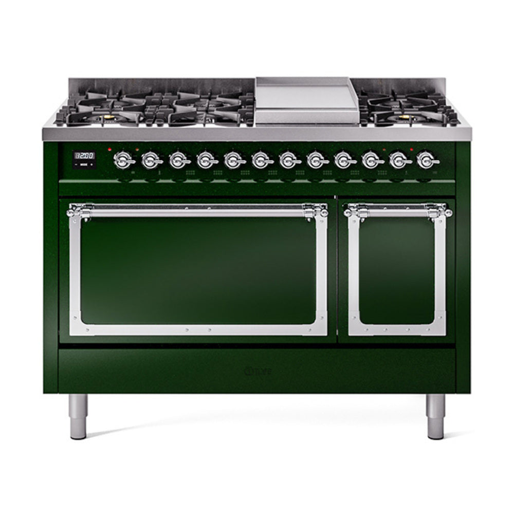 Emerald green freestanding dual fuel range with chrome trim and two oven doors