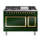 ILVE Nostalgie II Noblesse 48-Inch Freestanding Natural Gas Dual Fuel Range with Solid Door Oven in Emerald Green with Brass Trim (UN48FQNMPEGG)