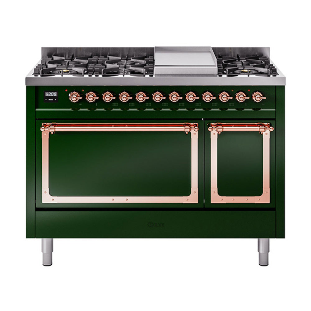 ILVE Nostalgie II Noblesse dual fuel range in emerald green with copper-trimmed controls